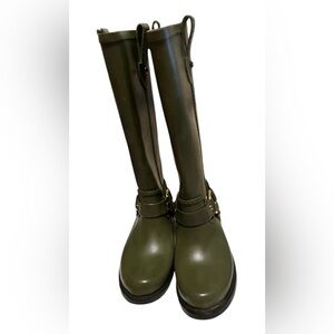 MICHAEL KORS Olive Green Stormy Rain Boots Gold Buckle Strap Size:6